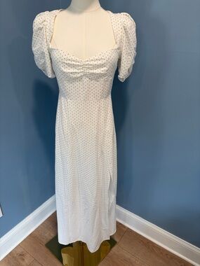 Danielle Bernstein Polka Dot Midi Dress Size 0 White Puff Sleeve Sweetheart Neck